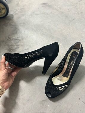 Peter Kaiser Black Lace Peep-Toe Heels